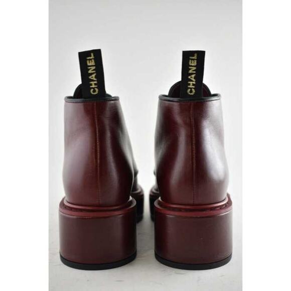 Chanel 20B Red Black Leather Pearl CC Combat Lace Up Tie Ankle Short Boots 37.5 - Picture 7 of 9